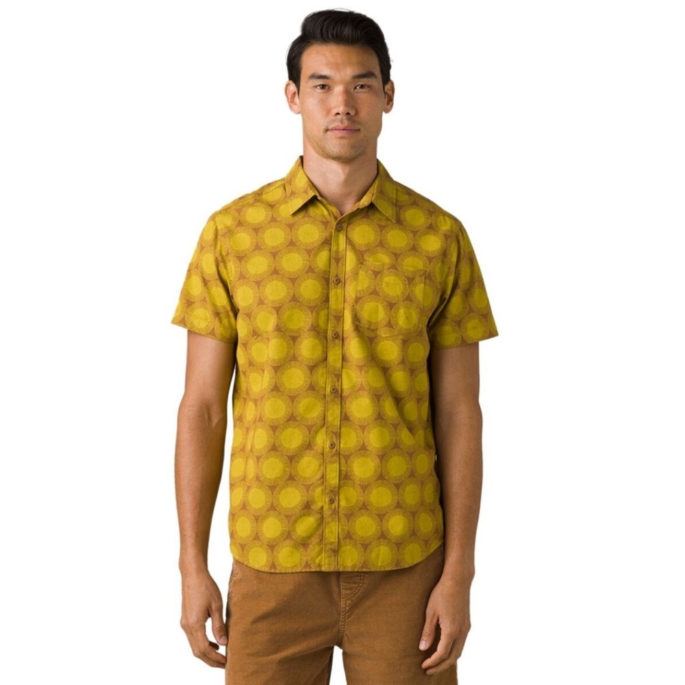 Prana Roots Studio Shirt Large Short Sleeve Button Down Lankai Organic Slim Fit